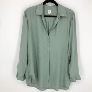 Gap 100% Linen Shirt Womens Large Sage Green Dusty Popover Split Neck Coastal